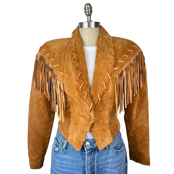Contempo Casuals Vintage 80s Genuine Suede Western Fringe Crop Jacket (Sz S) - Picture 3 of 16